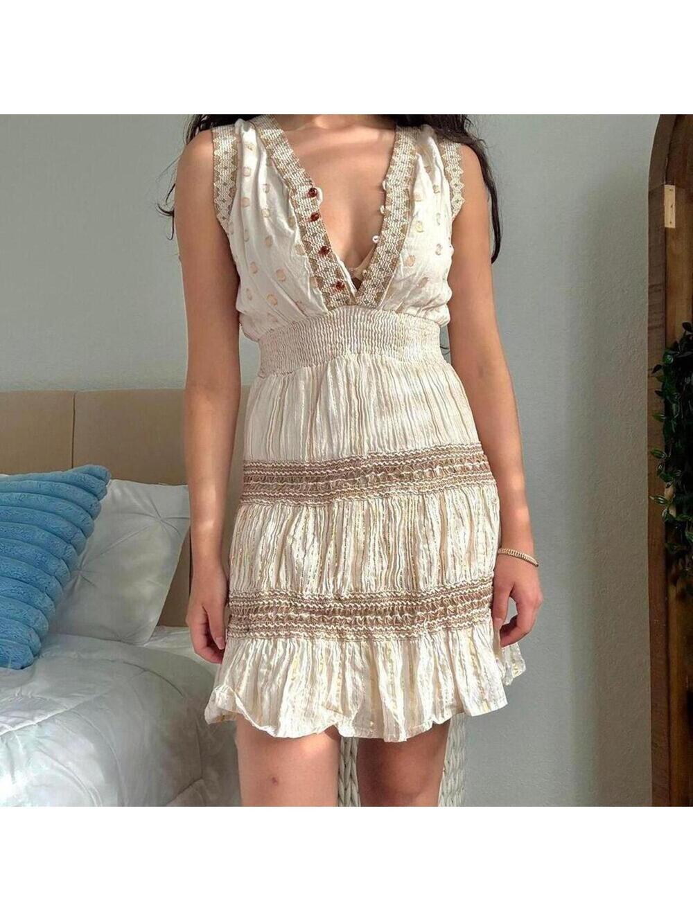 Vintage Rare N400 Boho Cream + Gold Mini Dress – Size M